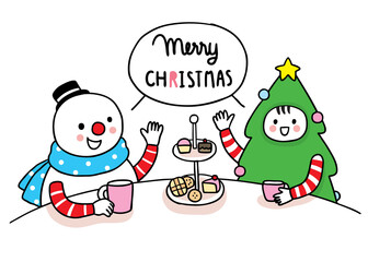Hand draw cartoon cute Merry christmas, snowman greeting tree christmas vector.
