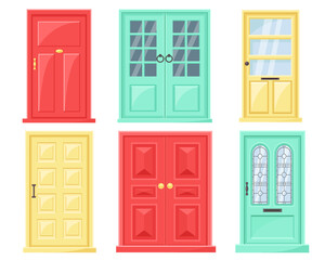 vector set of colorful entrance doors with glass windows in cartoon style. elements of architecture and buildings. isolated on white background.