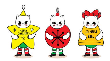 Hand draw cartoon cute Merry Christmas, Macot cats star and ball and bell vector.