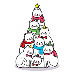Hand draw cartoon cute Merry Christmas, cats like tree christmas vector.