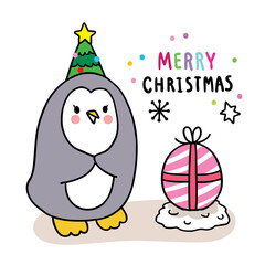Hand draw cartoon cute Merry Christmas, Penguin and egg gift vector.