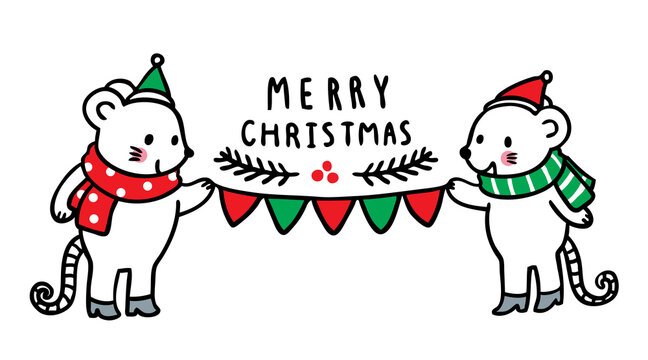 Hand draw cartoon cute Merry Christmas, Mouse and flag vector.