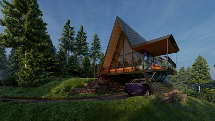 Modern House with a Triangular Roof in the Middle of Trees in Natural Daylight 3D Rendering