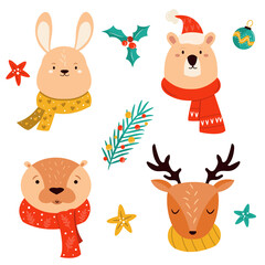 Set of cute Christmas animals rabbit, deer, otter, bear in winter clothing.
