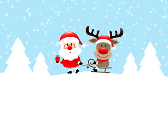 Weihnachtsmann Zieht Schlitten Mit Rudolph Im Wald Blau