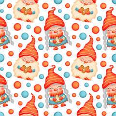Cute cartoon Christmas gnomes seamless pattern. Scandinavian gnomes seamless pattern. Christmas seamless pattern.