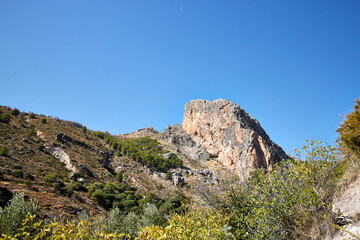 Paisaje con roca tonos marrones, grises y verdes