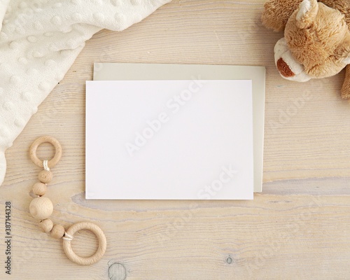 Download Baby Shower Invitation Card Mockup And Envelope Kids Greeting Card Nursery Art Mock Up Flat Lay Wall Mural Indrepau