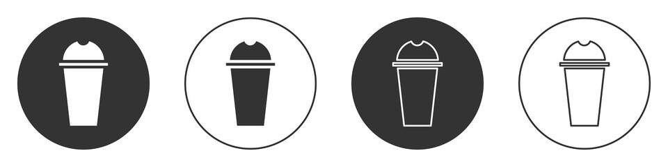 Black Milkshake icon isolated on white background. Plastic cup with lid and straw. Circle button. Vector Illustration.