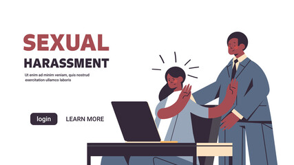 businessman molesting female employee sexual harassment at work concept lustful boss touching secretary's shoulders portrait horizontal copy space vector illustration