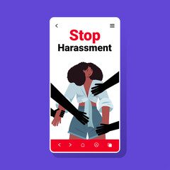 mans hands touching african american woman stop harassment and abuse no sexual violence concept smartphone screen vector illustration
