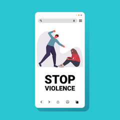 angry husband punching and hitting wife stop domestic violence and aggression against women smartphone screen full length vector illustration