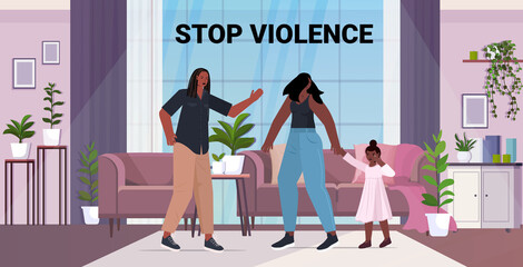 angry husband punching and hitting wife with daughter stop domestic violence and aggression against women living room interior horizontal full length vector illustration