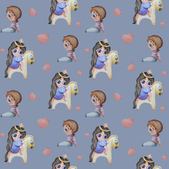 Cute kids collection. Seamless pattern. A pair of children - girl princess with a crown on a horse and a boy on blue background with hearts. Watercolor. Hand drawing for packaging, textile, printing