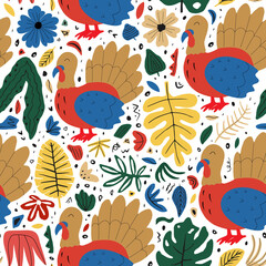 Animal baby seamless pattern. Cute turkey with leaves. Scandinavian cute print. Farm bird illustration for nursery t-shirt, kids apparel, invitation cover, simple child background design