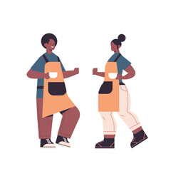 african american man woman in uniform working in cafe waiters in apron serving coffee full length isolated vector illustration