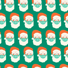 Coronavirus Santa Claus wearing face mask seamless vector pattern. Repeating Christmas 2020 background. Christmas during pandemic hand drawn illustration. Holiday design Ho ho ho lettering.