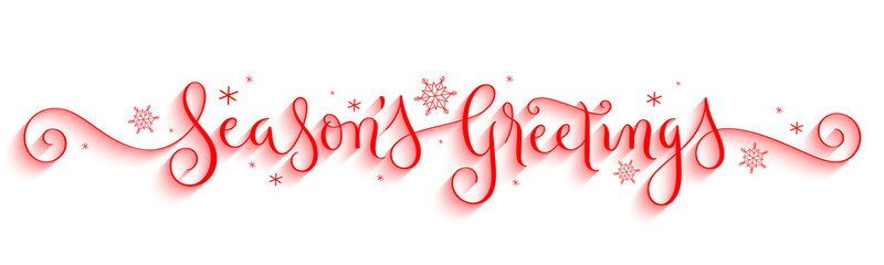 SEASON'S GREETINGS red vector brush calligraphy banner with spirals and snowflakes © HowLettery Studio