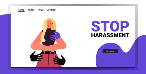 hands touching woman stop harassment and abuse no sexual violence concept portrait horizontal copy space vector illustration