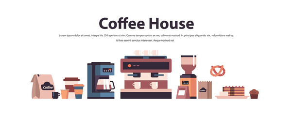 set coffee shop tools and accessories coffee house concept isolated horizontal copy space vector illustration
