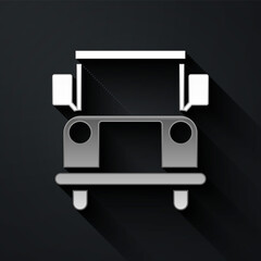 Silver School Bus icon isolated on black background. Public transportation symbol. Long shadow style. Vector Illustration.