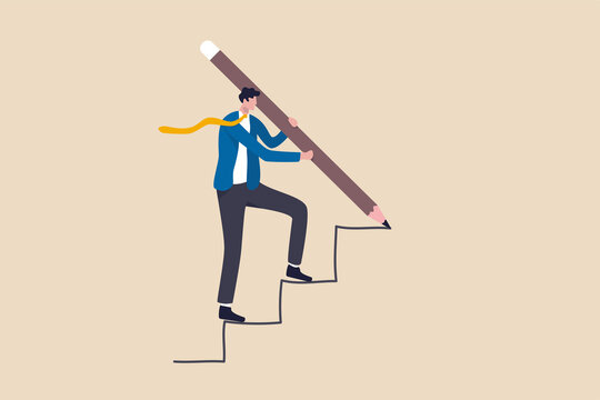 Business development successful, strategy to reach business target or career path achievement concept, smart businessman use huge pencil to draw rising up staircase and walk climbing up ladder.