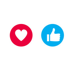 Thumbs up and heart icons isolated on white background. Trendy thumbs up and heart icons in flat style. Template for web site, internet, app, ui and logo. Button like vector