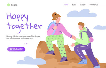 Website banner template with young couple feeling happy together and spending joint vacations in bonding couple activity, flat cartoon vector illustration.