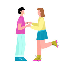 Two young cheerful women standing holding hands, flat cartoon vector illustration isolated on white background. Lesbian couple or two girlfriends characters.