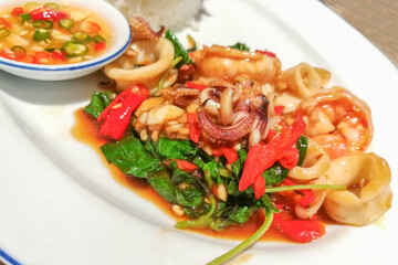 Thai Food, Shrimp and squid stir fried basil with fried eggs.