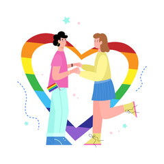 Young smiling lesbian women hold hands next a rainbow heart. Non-traditional same sex relationships, happy LGBT couple. Flat cartoon vector illustration on white background.