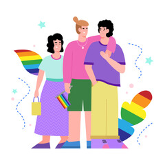 LGBT community cartoon characters with rainbow symbols, flat vector illustration isolated on white background. Homosexual and lesbian movement against discrimination.