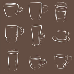 Coffee cups sketch illustration, icon or flat vector picture for coffee shop, website, menu design.