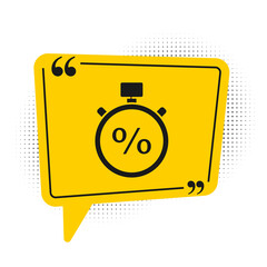 Black Stopwatch and percent icon isolated on white background. Time timer sign. Yellow speech bubble symbol. Vector Illustration.