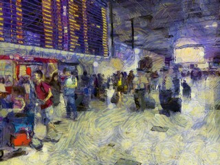 Fototapeta na wymiar Passengers in the airport Illustrations creates an impressionist style of painting.