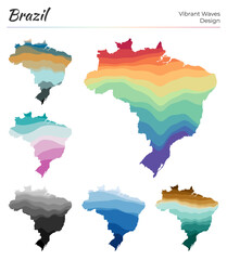 Set of vector maps of Brazil. Vibrant waves design. Bright map of country in geometric smooth curves style. Multicolored Brazil map for your design. Awesome vector illustration.