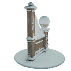 Wooden pergola with trellis and vase, covered with snow