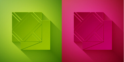 Paper cut Folded map icon isolated on green and pink background. Paper art style. Vector Illustration.