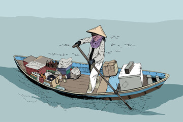A female farmer on a boat in the South China Sea. Sketch. Vector illustration, lo-fi colors, anime style