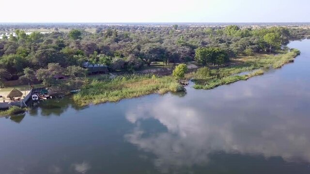 Okavango delta Aerial landscape in Namibia and Angola border. River with shore and green vegetation after rainy season. Africa aerial landscape.