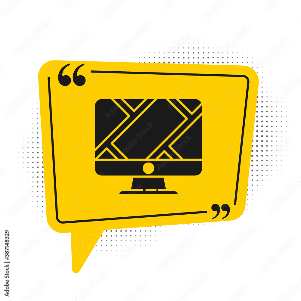 Fototapete Black Computer monitor and folded map with location marker icon isolated on white background. Yellow speech bubble symbol. Vector Illustration.