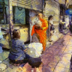 People on the streets of bangkok Illustrations creates an impressionist style of painting.