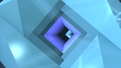3d rendering of geometric figure in neon light against a dark tunnel.