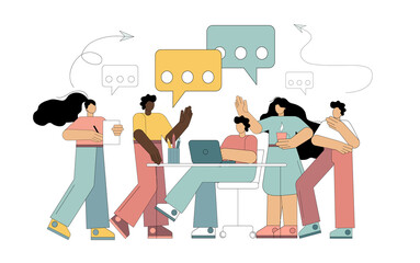 Collective thinking and brainstorming. A multinational group of people is discussing, looking for a solution. Business concept. Vector isolated illustration on white background.