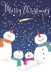 Merry Christmas Greeting Card, Snowman Family and Falling Star Winter Holiday Illustration 