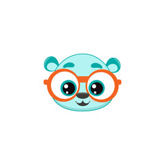 funny cute laughing blue bear with blue ears and funny glasses, sticker for printing, emoticon and avatar for social networks, mascots, vector eps 10