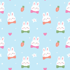 Seamless Pattern with Cartoon Rabbit Face Design on Light Blue Background