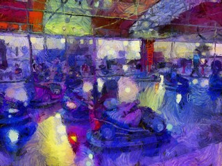 Car rides in the amusement park Illustrations creates an impressionist style of painting.