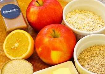 Ingredients for making apple and oat crumbles