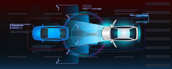 Accident prevention system. Autonomous vehicle movement. Assistance to the driver while driving. Vehicle movement with sensors that scan the distance between vehicles on the road. View from above